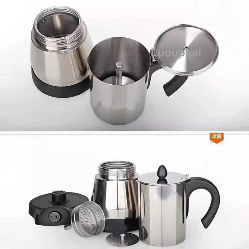 ماكينة صنع القهوة الكهربائية 220 فولت 300 مل 6 أكواب من الفولاذ المقاوم للصدأ وعاء موكا ماكينة صنع القهوة الإيطالية الكهربائية Percolator للمنزل فضي