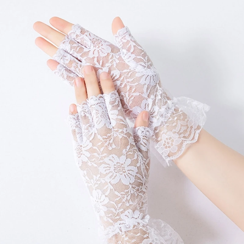 Transparent Fashion Floral Decor Gloves Elastic Wedding Bridal Etiquette Half Finger Gloves See Through Fishnet Gloves