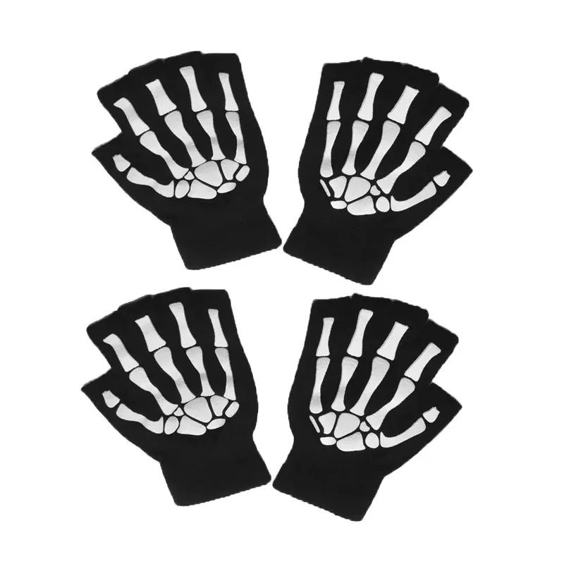1/2/3/4 paar New Kids Halloween Skeletschedel Half Vinger Lichtgevende Punk Handschoenen Winter schedel Vingerloze Zwarte Wanten