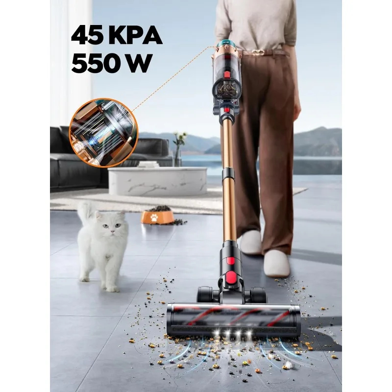 Cordless Vacuum Cleaner, 550W 45KPA 60 Mins Runtime Self-Standing Vacuum Cleaners for Home, Stick Vacuum