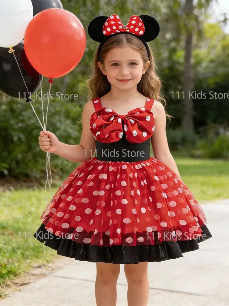 Gepunktete Mädchen-Partykleider Ärmellos Sommer Schleifenknoten Prinzessinnenkleid Cartoon-Maus Cosplay-Kostüm Kinder Geburtstagsgeschenk Outfit