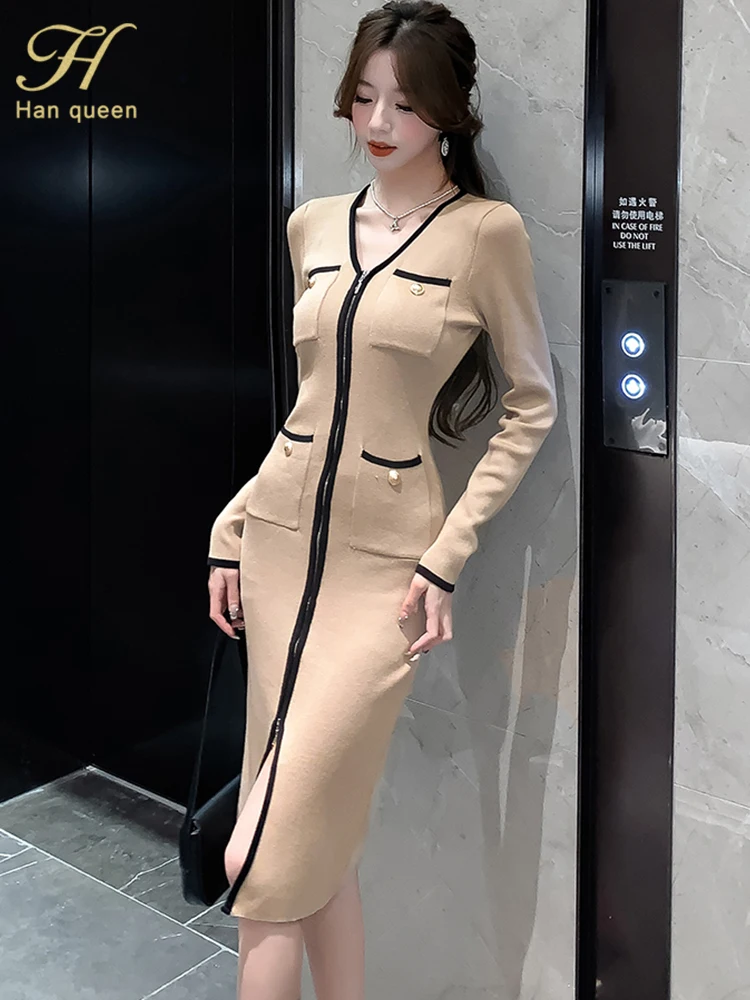 H Han Queen Autumn Fashion Color Blocking Korean Zipper Elegant Office Pencil Knitted Dress Women Casual Dresses Bodycon Vestido