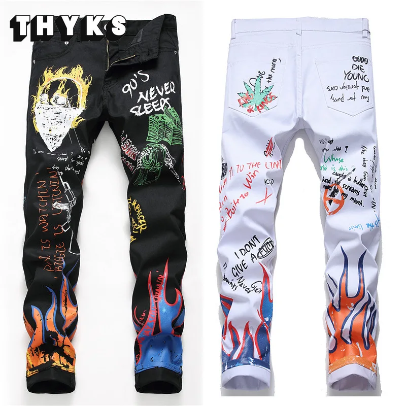 High Street Print Graffiti Jeans Men Loose Hip-hop Harajuku Skinny Sport Pants Casual Trend Straight Long Black Jean Pants Male