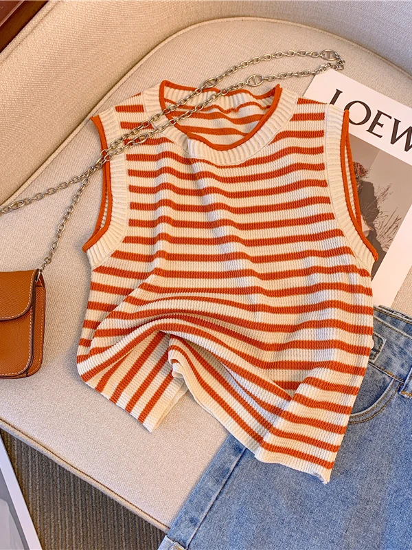 

Short Knitted Stripe Vest Top Women's Sleeveless Tank Top Outerwear Casual High Waist round Neck Regular Sleeve Spring Summer