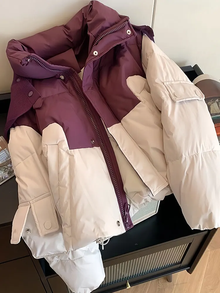 

Женская хлопковая куртка 2026 года, новая корейская модель, зимняя, в стиле колор-блок, объемная, с воротником-стойкой, на молнии