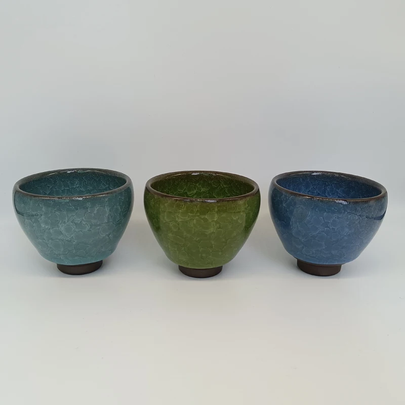 Jianzhan Green Ice Crack Tenmokus Tea Cups 3pcs/pck Chinese Song Dynasty Style Tea Bowl Chawan Kiln Fired