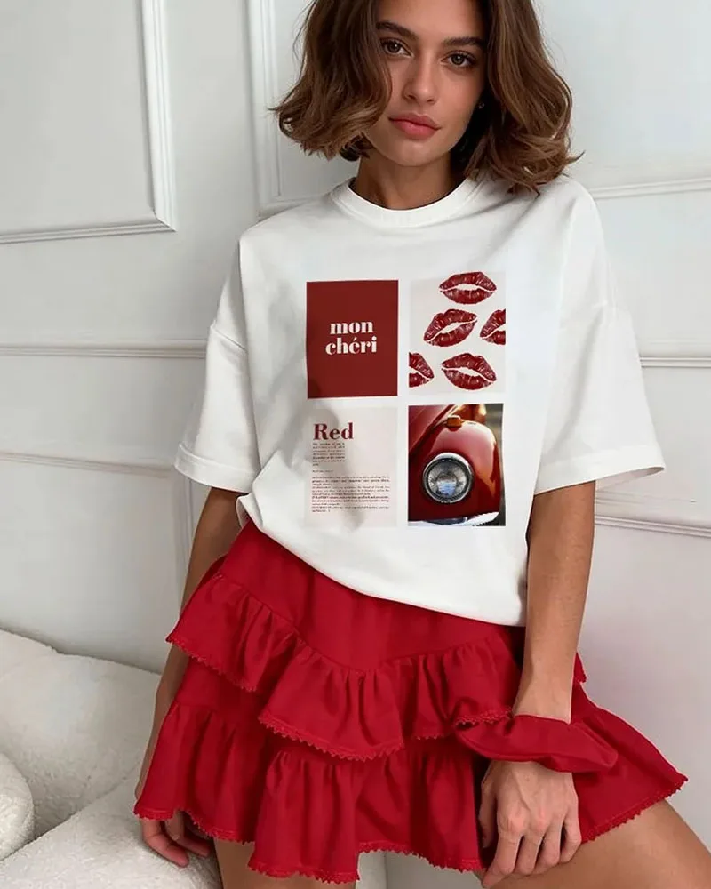 Women Mon Chéri Red Lips & Vintage Car Print T-Shirt French Slogan Graphic Crew Neck Short Sleeve Girls Casual Tees Streetwear view 3