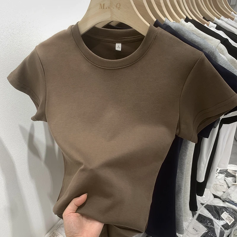 Female Casual Streetwear Basics Tees Summer Slim Fit O-Neck Short Sleeve Cotton T-shirts Women's Fashion New Solid Color Top