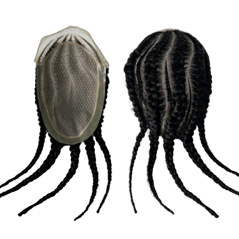 قطع شعر بشري عذراء برازيلية # 1B ضفائر كورنو سوداء اللون الحرير مع قاعدة الدانتيل الأمامي الشعر المستعار 8x10 وحدة الحرير للرجال #1