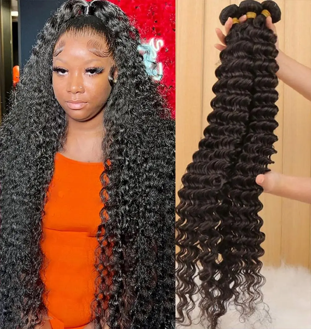 

12A Пучки человеческих волос с глубокими волнами, бразильские волосы Remy 30, 32 дюйма, пучки необработанных вьющихся волос, 100% наращивание человеческих волос, пучки человеческих волос