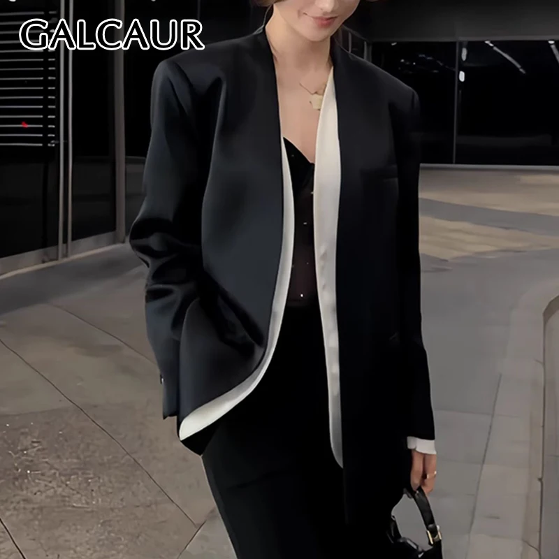 

GALCAUR Hit Color Minimlism Blazers For Women Cardigan Long Sleeve Spliced Pockets Elegant Office Coat Female Autumn New Clothes