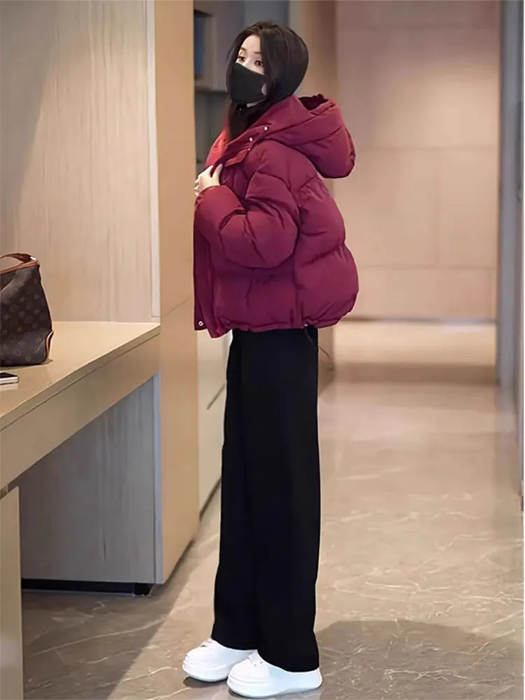 

ort Thiened down Cotton Jaet Women's Winter Coat Red Wine Color Korean Sle Loose Fit Long Sve Zipper Pure Color