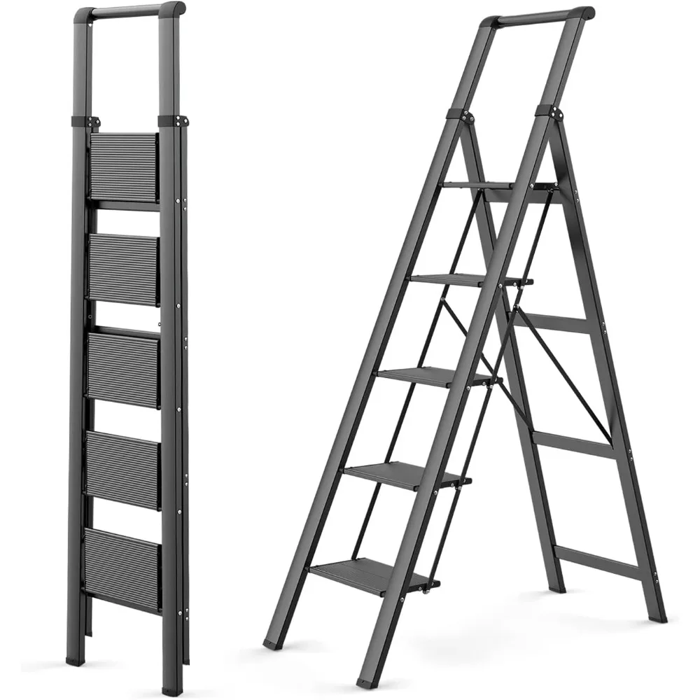 WOA WOA 5 Step Ladder, Lightweight Aluminum Ladder with Handgrip, Portable Folding Stepladder with Anti-Slip Pedal for Home, Off