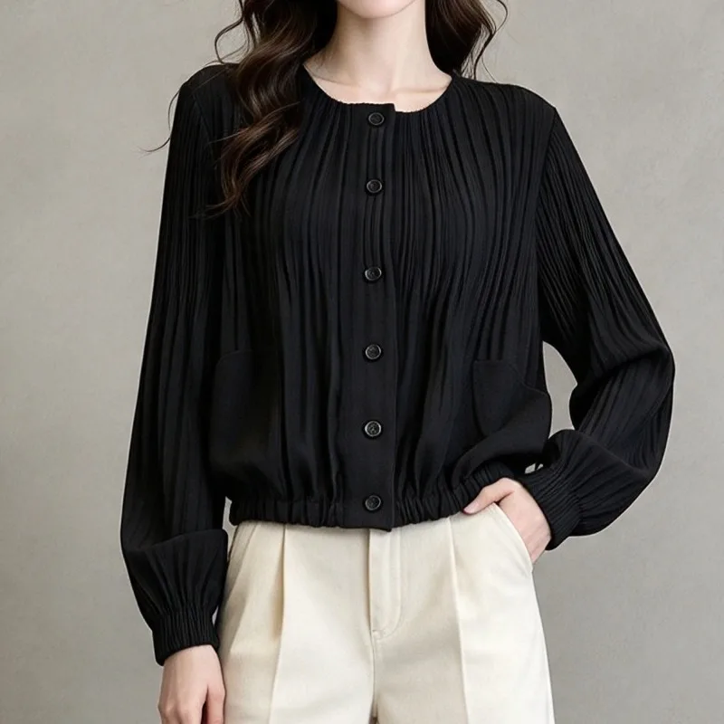 Pleated Jacket Women 2026 Autumn New Round Neck Solid Single Row Multi-Button Textured Pleats Bouncy Long Sleeve Cardigan Coat