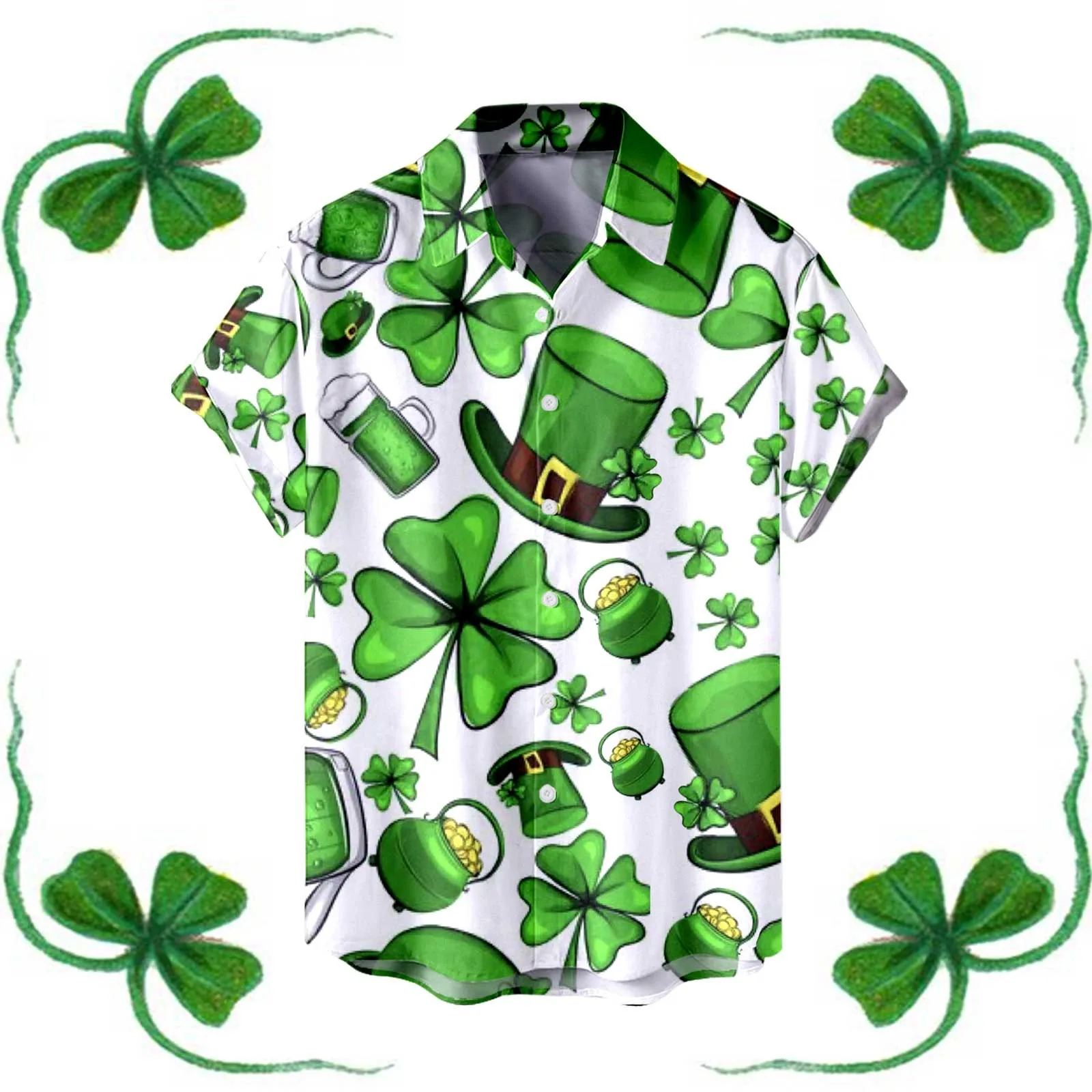 

Mens Shirt Leaf Print St Patrick Day Festive Shirt Green Blouse For Camisas Lapel Short Sleeved Shirt Party Beach Hawaii Shirts