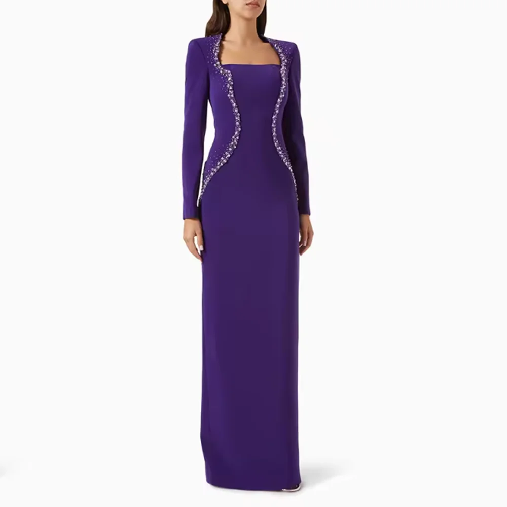 

Luxury Purple Evening Dress For Wedding Floor Length Prom Dress Sheath Formal Party Gown Long Sleeves Beaidng Saudi Arabia Dress