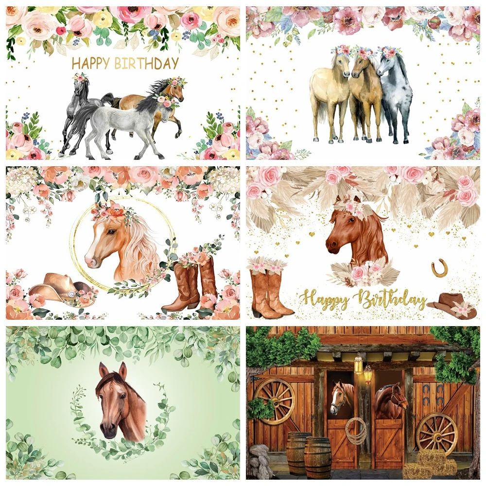 Laeacco Watercolor Flowers Running Horse Birthday Party Western Cowboy Theme Photo Background Photography Backdrop Photo Studio