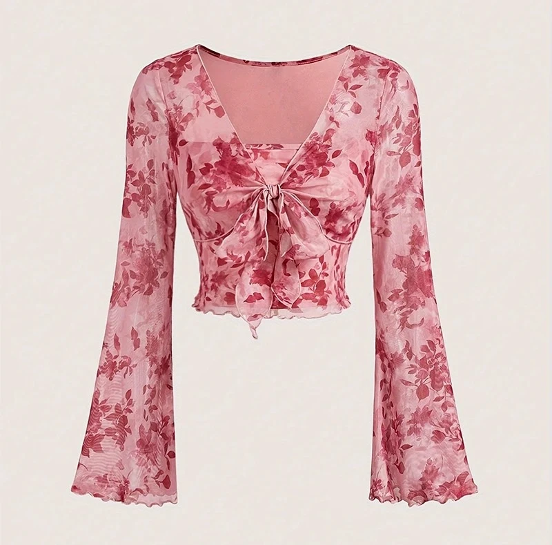 

Summer Women's Floral Printed Sweet V-Neck T-shirts Mesh Beach Party Dress Top Flare Sleeve Square Collar Lace Up Shirt