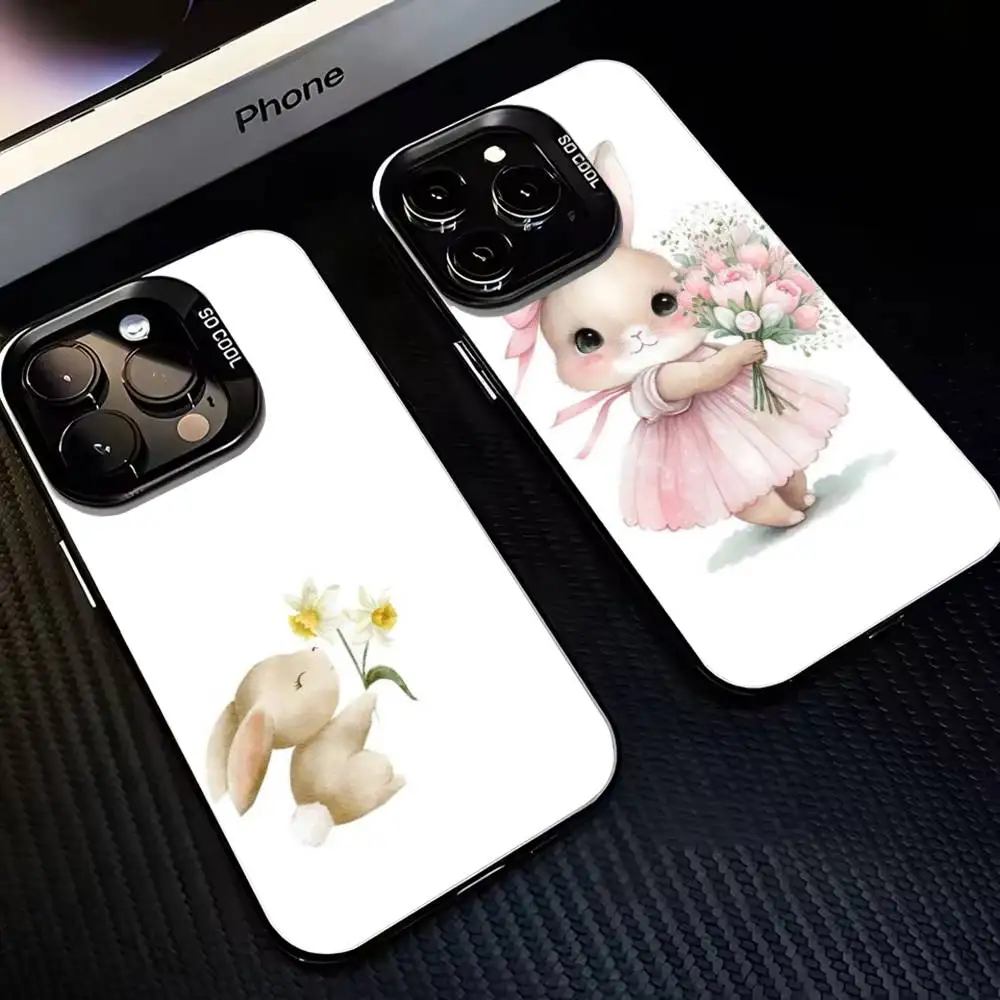 

Fuzzy Bunny Ears Watercolor Pastel Phone Case For iPhone17,16,15,14,13,12,11 Plus,Pro Max Black Matte Shockproof Cover