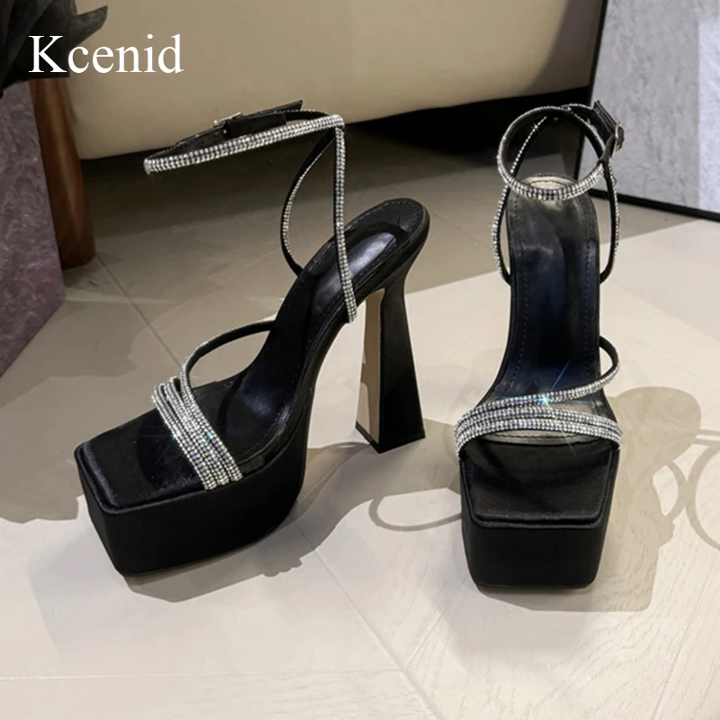 Kcenid Square Open Toe Pumps Crystal Rhinestone Narrow Band Platform Sandals High Heels Shoes Woman Gladiator Modern Sandals