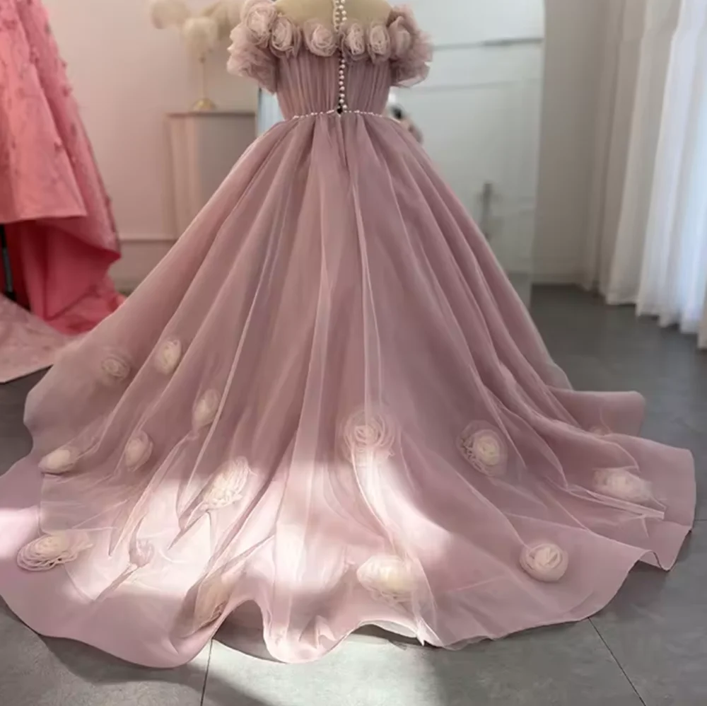 Luxury Arabic Pink Girl Dress Handmade Flowers Princess Gown Kids Wedding Birthday Communion Party Quinceañera