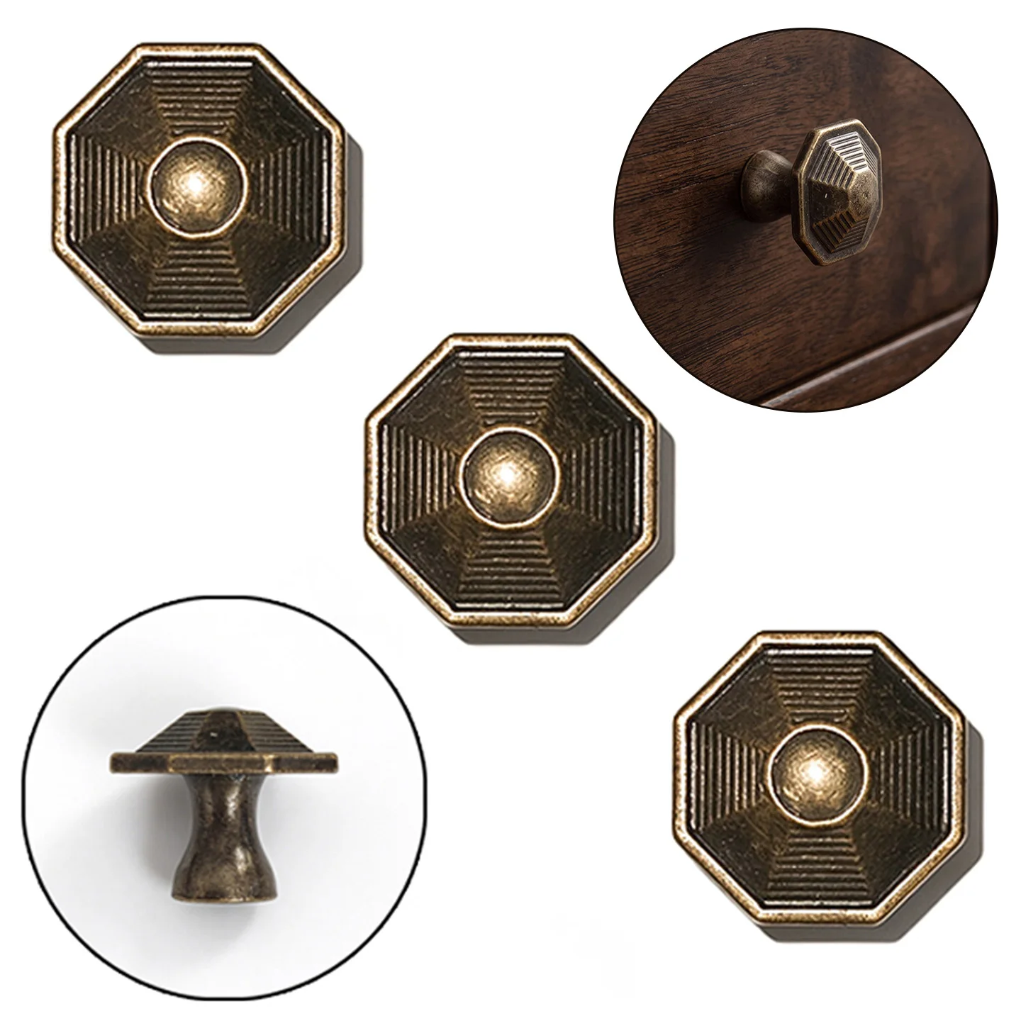 Antique Bronze Octagonal Cabinet Knob, Vintage Embossed Single Hole Drawer Knob for Dresser Cupboard Wardrobe Furniture Hardware