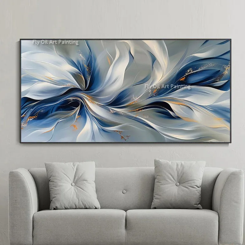 Large Blue And Grey Thick Oil Painting On Canvas Handmade Sliver Artwork New Design Wall Art For Living Room Decor As Gifts