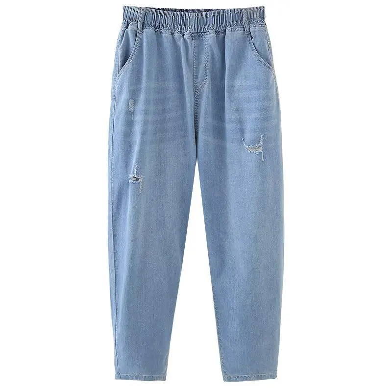 

Новые летние модные тонкие джинсовые шаровары с рваными дырками для женщин больших размеров, джинсы в стиле щиколотки 100 кг