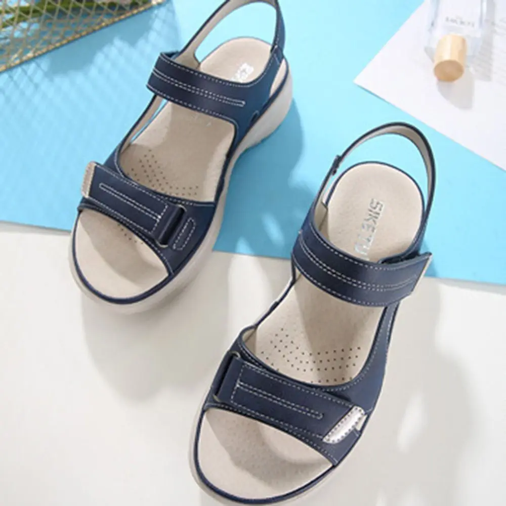 Durable Slope Heel Women Sports Sandals Platform PU Leather Beach Shoes Light Weight Thick-soled Roman Shoes Ladies