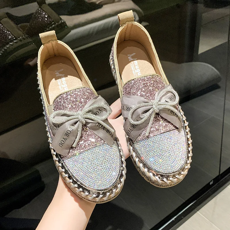 2023 Spring New Shiny Rhinestone Loafers Women\'s One Step Thick Soled Bow Muffin Bottom Cover Foot Single Shoe Sneakers