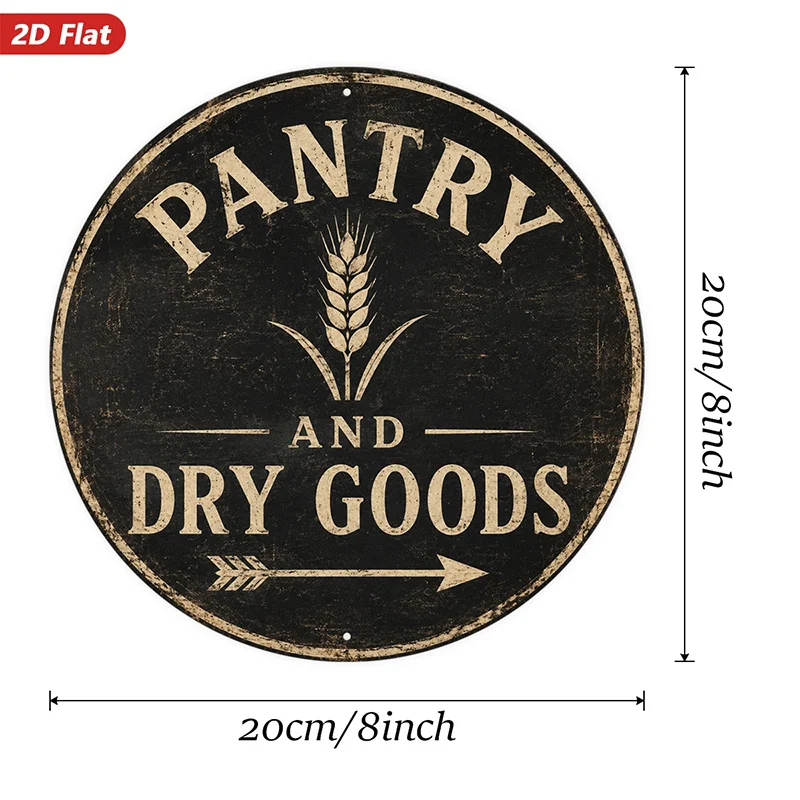 2D Flat, 1pc Pantry Dry Goods Round Metal Sign Wall Art, Pantry Text, Wheat Stalk Motif, Arrow Accent, Distressed Rustic Finish,