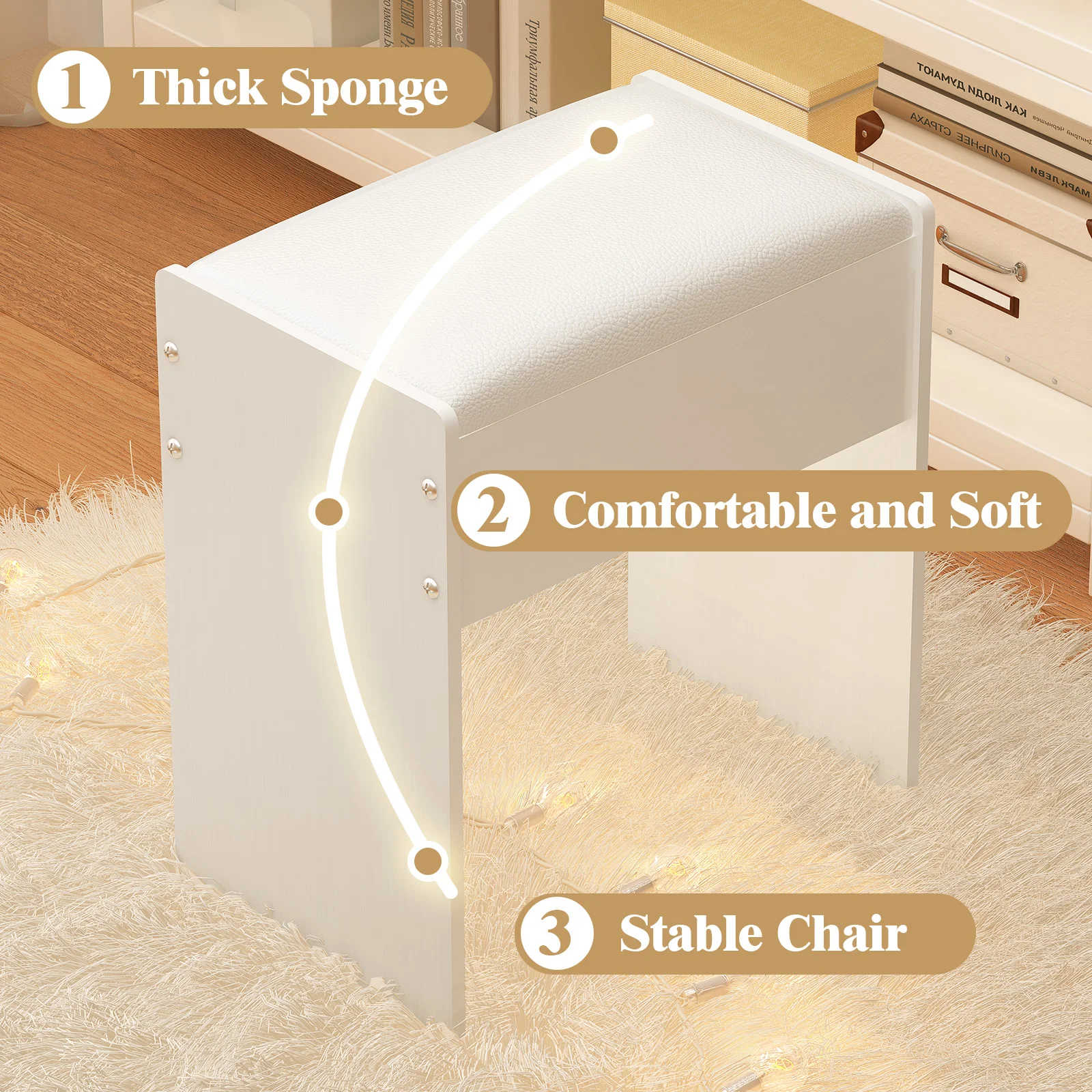 

Небольшой туалетный стул для гостиной или спальни, с закругленными углами и гладкой, полированной отделкой. Украшение интерьера