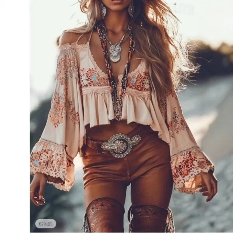 

Spring Summer Ethnic style lace ruffle side length sleeve top Bohemian women Hollow out casual loose vacation top Sweatshirt