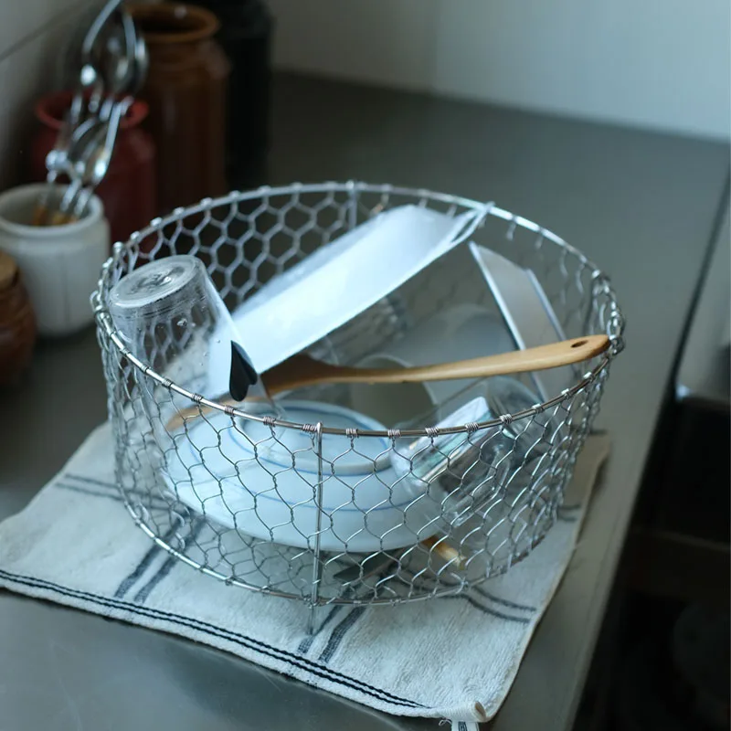 304 Stainless Steel Drain Basket Handwoven Dishware Storage Baskets Fruit Vegetable Baskets Kitchen Metal Bowl/plate Organizer