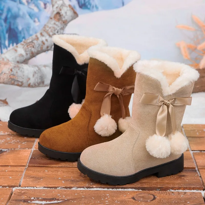 Children's Winter Boots for Girls Princess Medium Big Kids Snow Boots Warm Fur Bowtie with Hairball Cute Sweet Plush Suede Boots