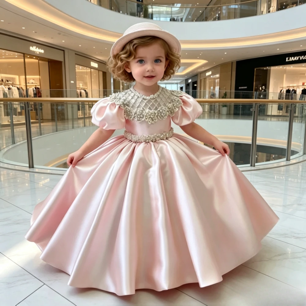 Children Pink Puff Sleeve SatinBirthday Party Banquet Elegant Gown Long Full Skirt Beaded Sweep Train Girls Princess Gown