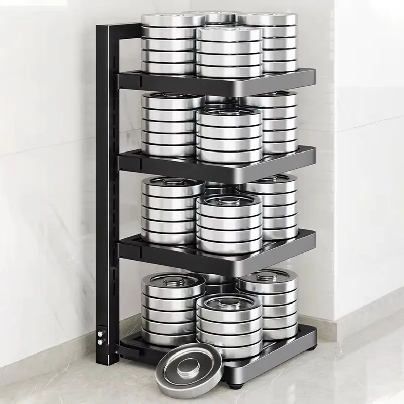 

Customized 4-layer metal pot rack Iron kitchen storage rack with cover shelf 4-layer vertical microwave oven pot organizer