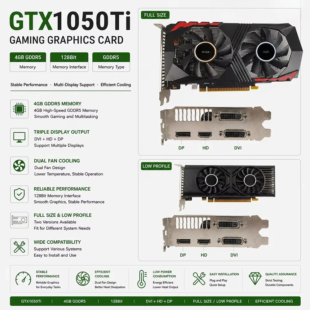 For Graphics Card GTX 1050 Ti 4GB GDDR5 128Bit PCI Express Fan-Cooled Gaming OEM Bulk with HD DVI Output for Desktop PCs