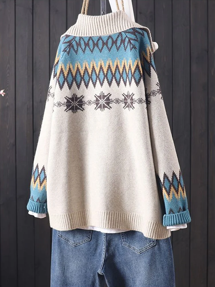 Cardigans de malha com gola virada para baixo feminino, suéteres de lã, jacquard, bolsos grandes, malhas soltas casuais, botões, novo, outono, 2022