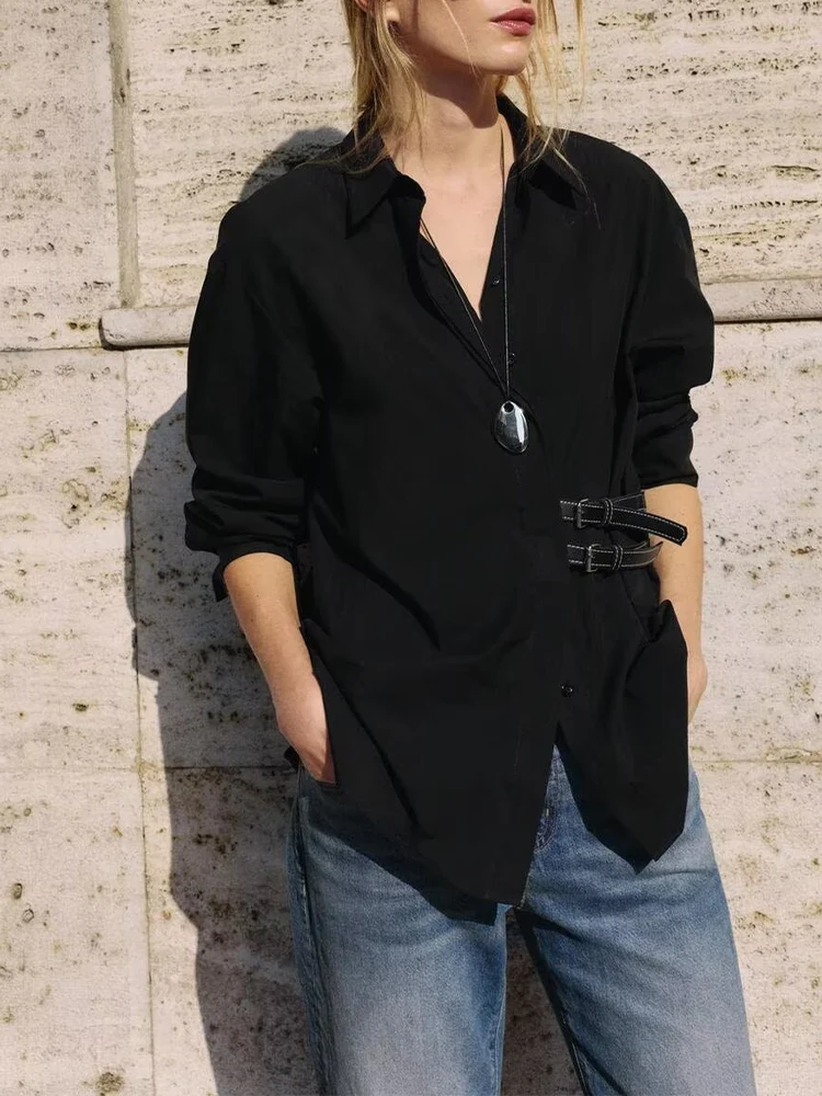 European style new women's fashion, versatile, simple and elegant solid color poplin shirt with ribbon embellishment