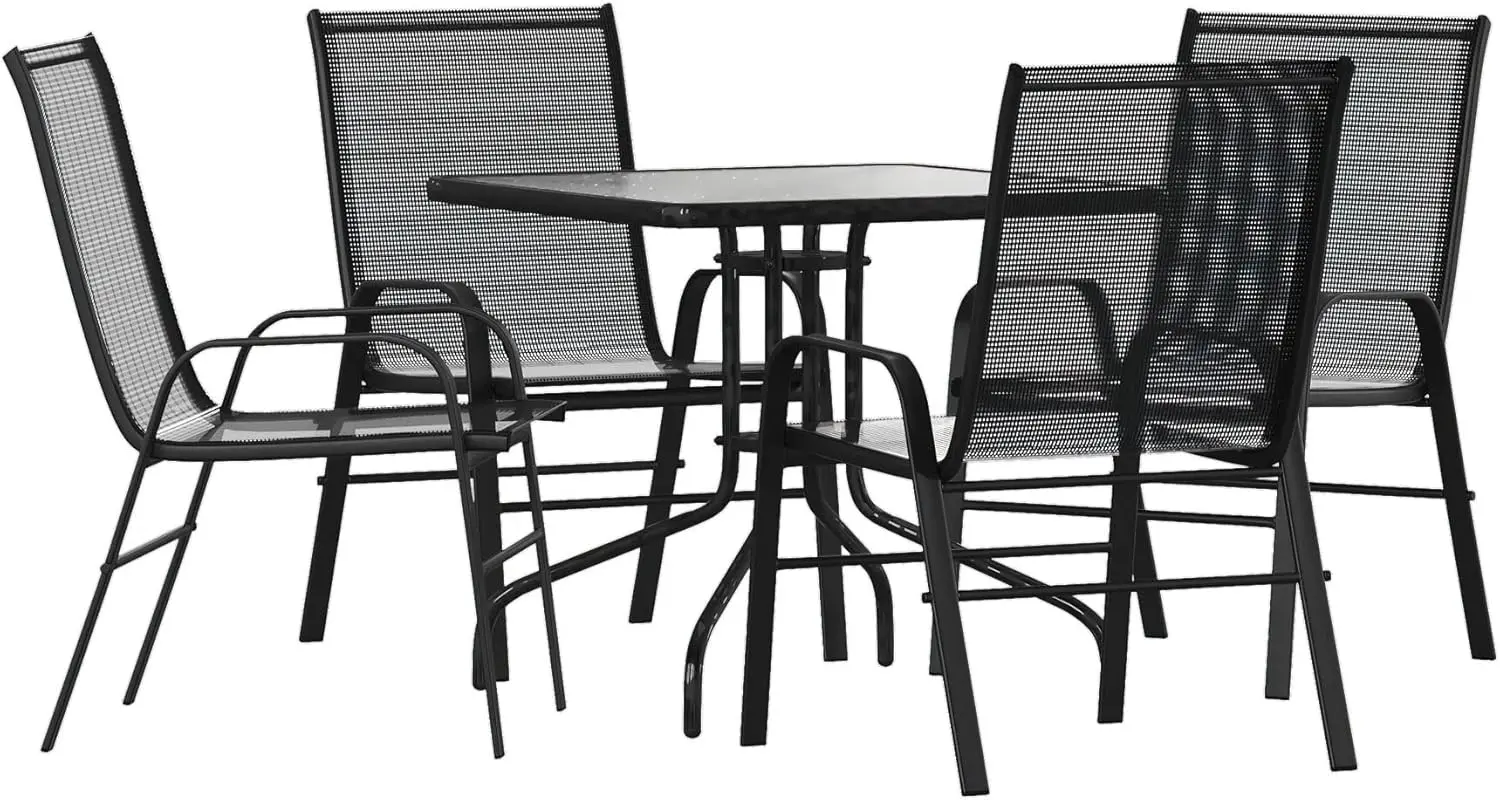 Brazos Series 5-Piece Glass Patio Table and Chairs Set, Outdoor Patio Dining Set with Square Table and 4 Sling Patio Chairs