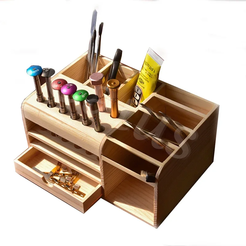 Caja de almacenamiento multifuncional de madera Caius, destornillador, pinzas, caja de inserción, reparación de teléfonos móviles, caja de piezas de herramientas de recepción de escritorio