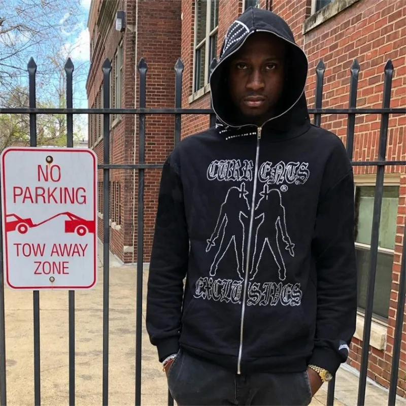 

Y2k Clothes Zip Up Hoodie Long Sleeve Sweatshirts Letter Rhinestone Embellishment Gothic Fashion Man Streetwear Hoodies Jackets