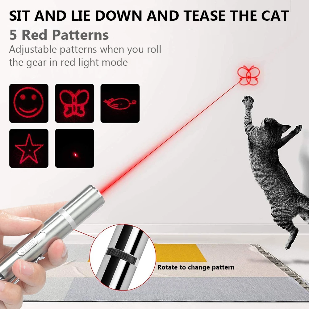 Cat Laser Toy USB Charging LED Light Pointer Rechargeable Torch UV Flashlight Pen 5 Patterns Laser Pen Cat Toys Cat Accessories