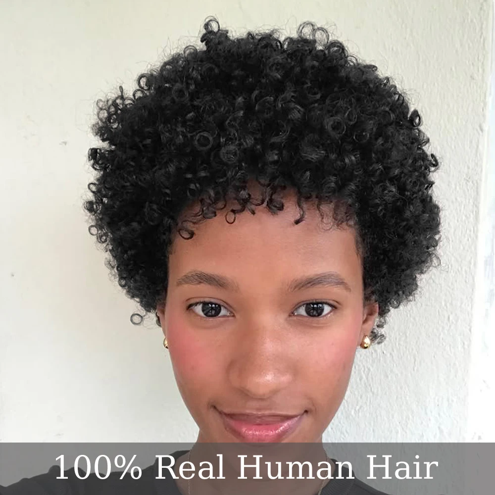 Natural Black Short Tight Kinky Curly Pixie Wig with Bangs, Voluminous Solid Black Short Bouncy Curly Human Hair Wig with Fringe, Natural Look Full Machine Made for Daily Wear, Parties & All Occasions