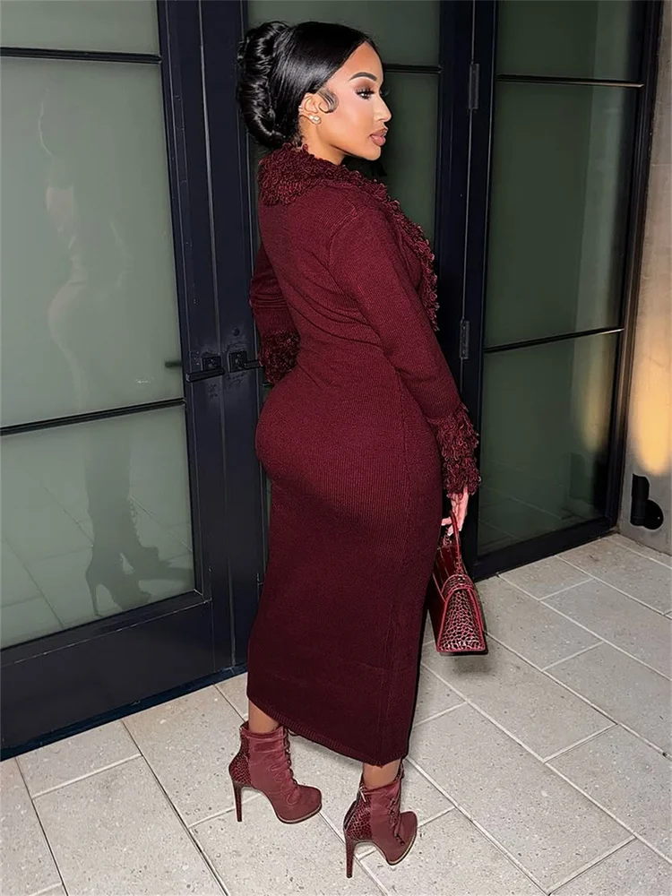 Sisterlinda ニット毛皮のようなタッセルドレス女性ディープ V ネック冬トレンドセクシーでエレガントなピーチヒップクリスマスパーティーストレッチスリムボディコン