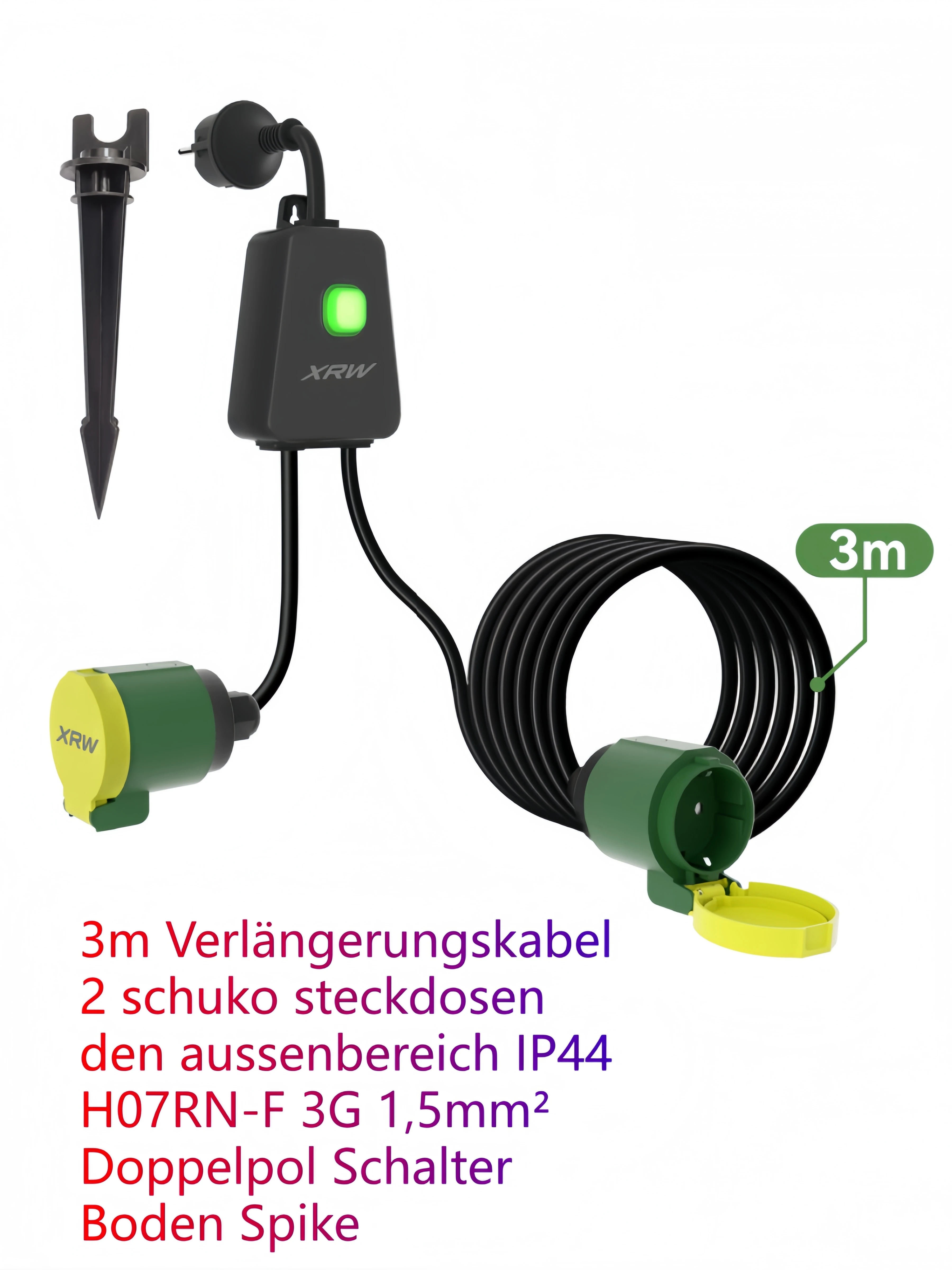 シマトペア3m延長ケーブル、屋外用2口シュコソケット付き、ip44-h07rn-f-3g-15mm²、ダブルポールスイッチ、アーススパイク付き