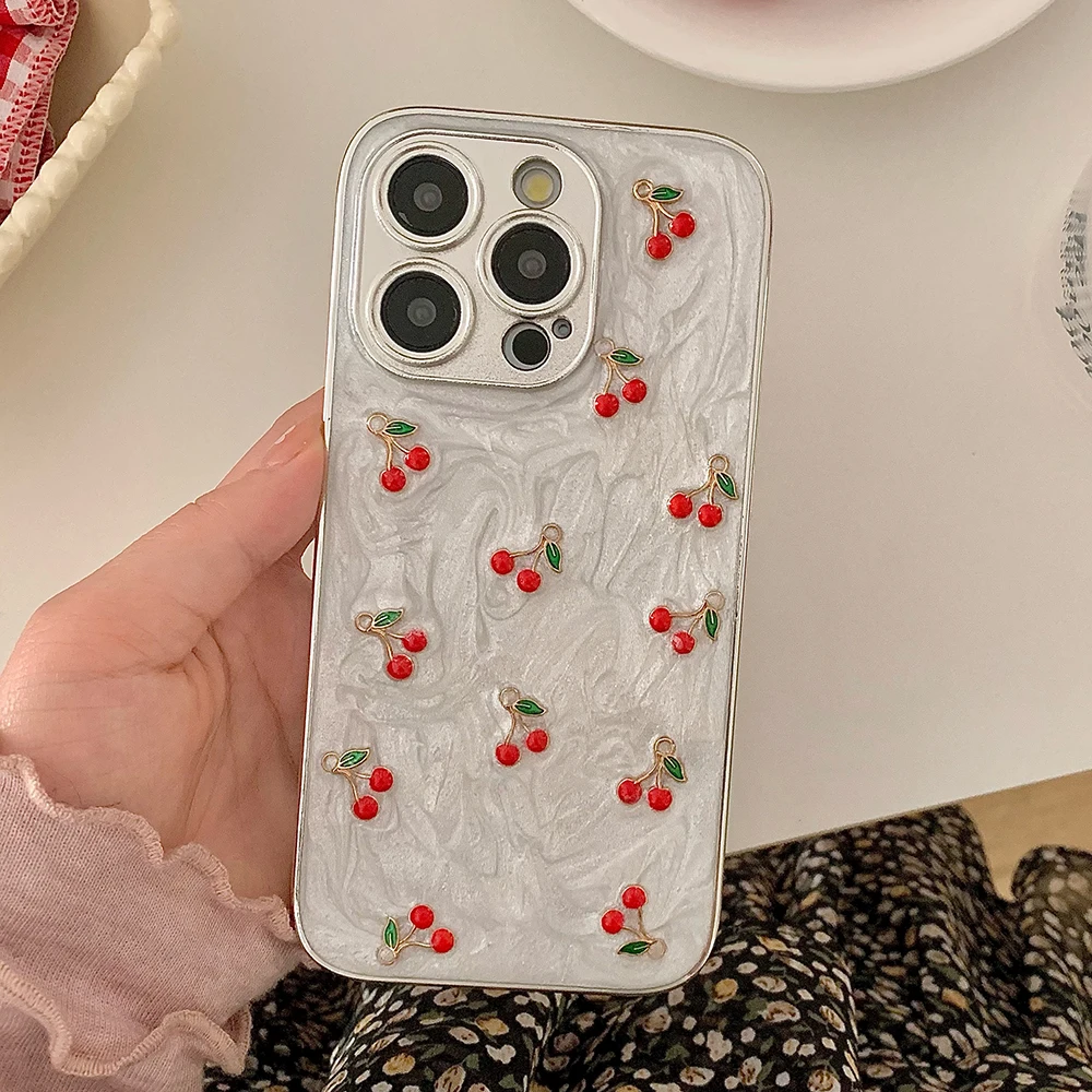 Qianliyao Cute 3D Silver Cherry Fruit Phone Case For iPhone 16 15 14 13 12 11 Pro Max Soft Shockproof TPU Back Cover