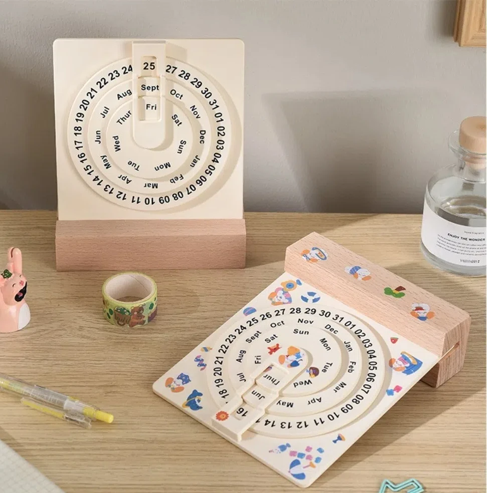 

Desktop Ornaments Handmade Perpetual Calendar DIY Personality Rotating Calendar Portable Wooden Base Desk Calendar Home