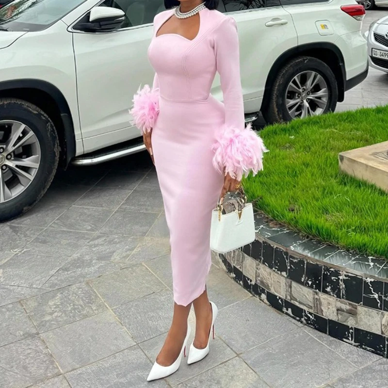 Femmes Sexy taille haute à manches longues plume ourlet Flare à manches longues robe moulante 2025 élégant soirée Club robes de fête d'anniversaire